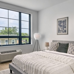 Spacious bedroom with natural lighting