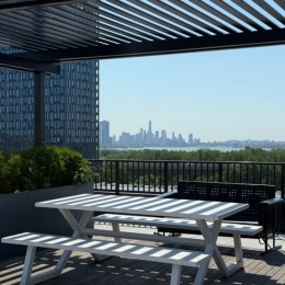 Patio with a downtown view