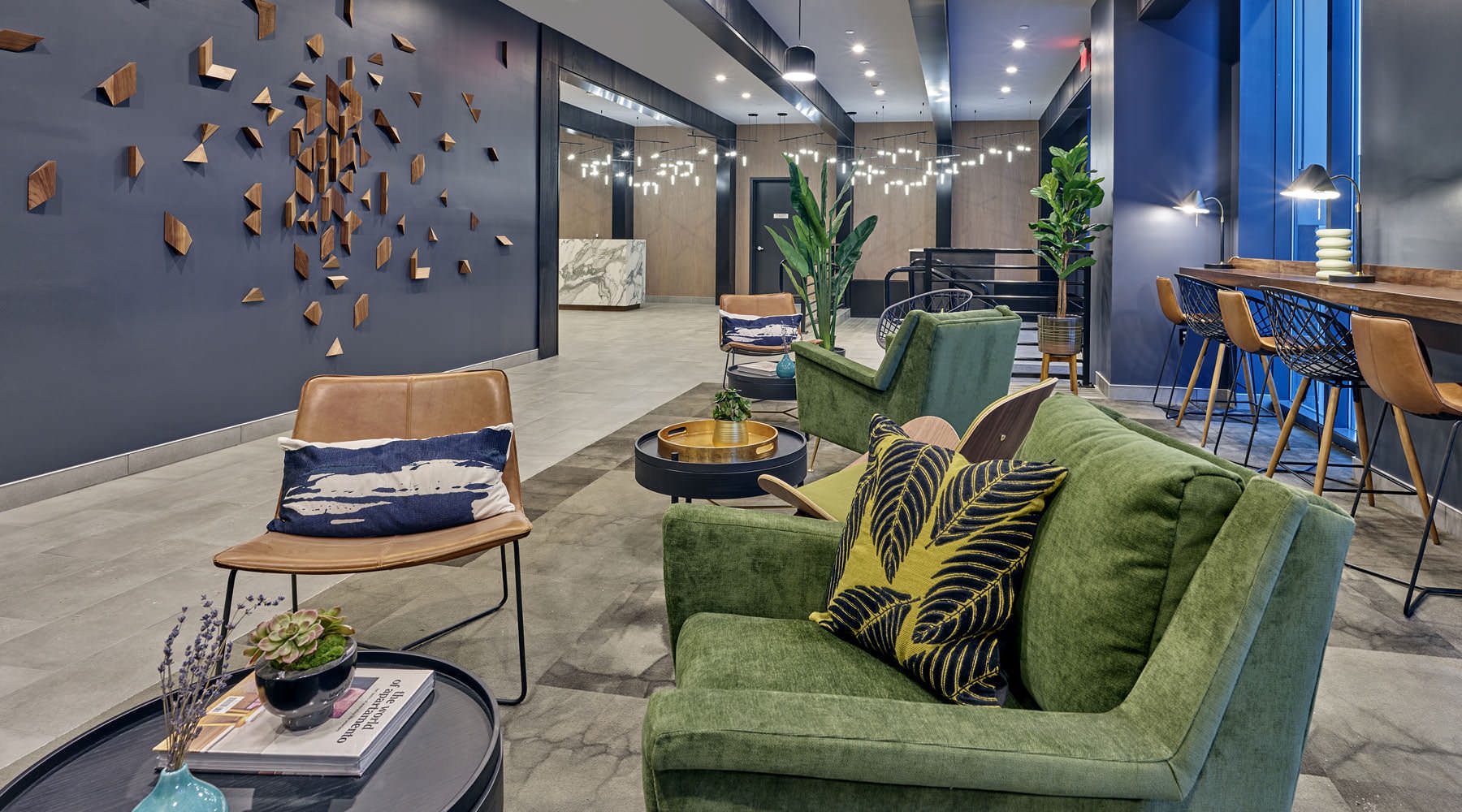 seating areas in well lit clubhouse